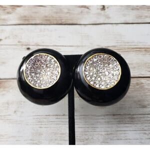Vintage Essex Clip On Earrings Statement Gold Tone & Black Circle, Clear Gems